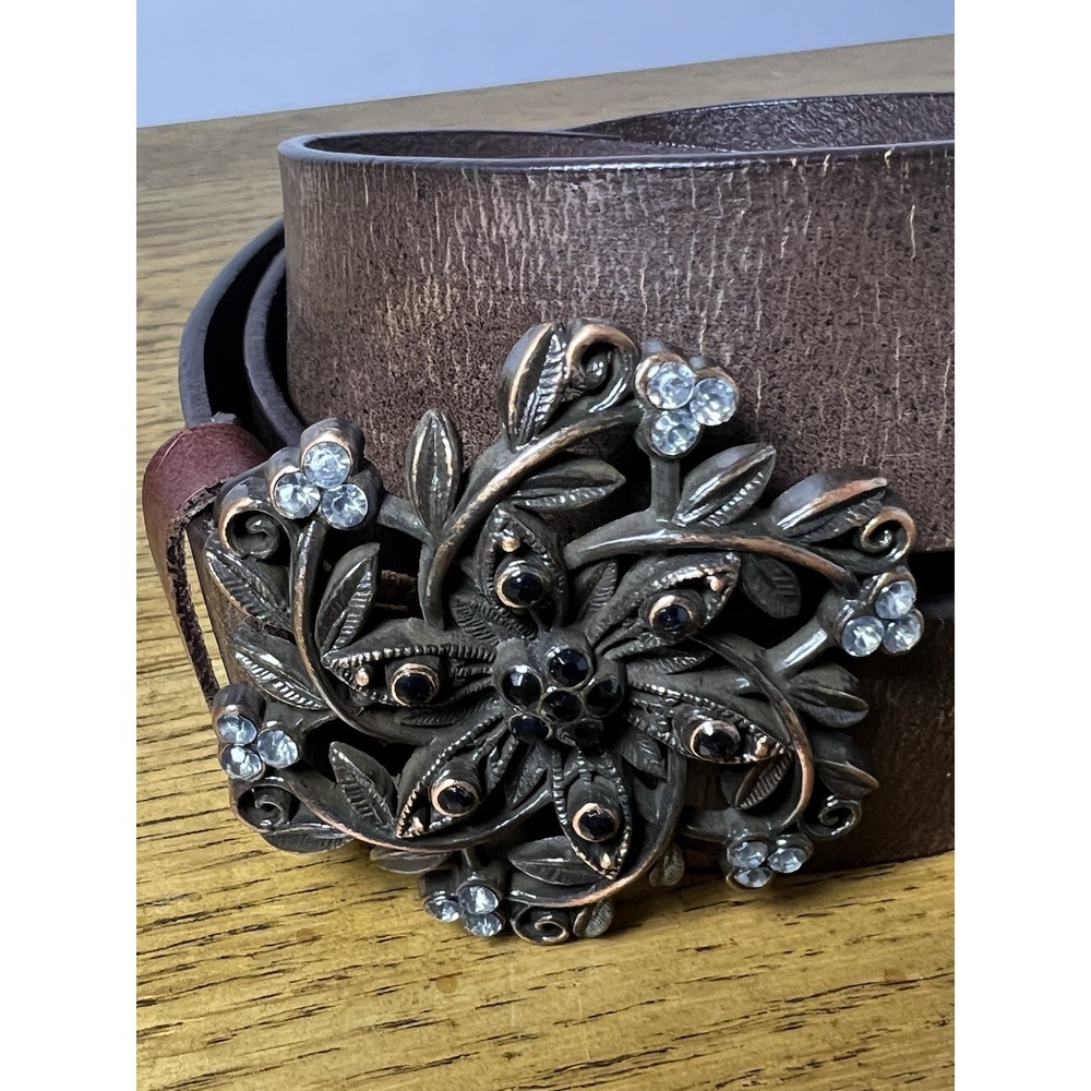 Levi's Brown Genuine Leather Belt 33–37 In Floral Rhinestone Buckle Western BOHO